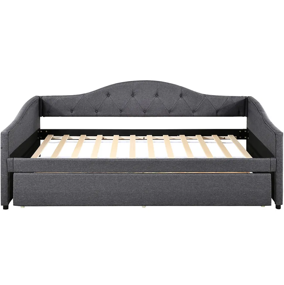 Lit 90x200 cm avec lit gigogne en lin et structure MDF, style minimaliste gris convertible en banquette