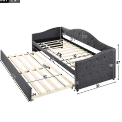 Lit 90x200 cm avec lit gigogne en lin et structure MDF, style minimaliste gris convertible en banquette