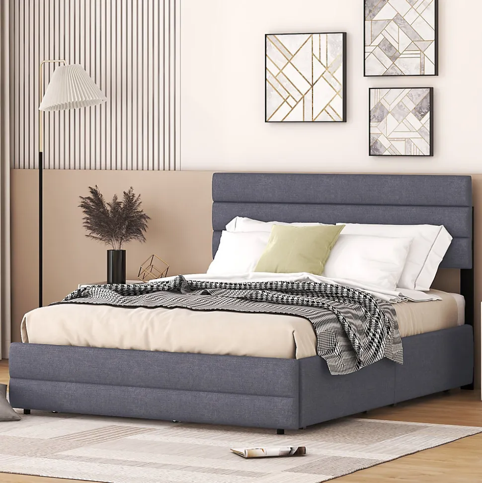 Lit 140x200 cm avec lit gigogne et 2 tiroirs, tapissé lin gris, tête réglable, style moderne et gain de place