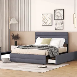 Lit 140x200 cm avec lit gigogne et 2 tiroirs, tapissé lin gris, tête réglable, style moderne et gain de place