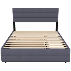 Lit 140x200 cm avec lit gigogne et 2 tiroirs, tapissé lin gris, tête réglable, style moderne et gain de place