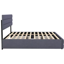 Lit 140x200 cm avec lit gigogne et 2 tiroirs, tapissé lin gris, tête réglable, style moderne et gain de place