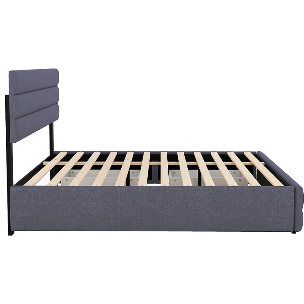 Lit 140x200 cm avec lit gigogne et 2 tiroirs, tapissé lin gris, tête réglable, style moderne et gain de place