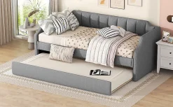 Lit 90x200 cm avec lit gigogne roulant, tapissé lin gris, dossier et accoudoirs arrondis design contemporain