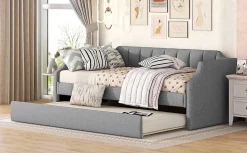 Lit 90x200 cm avec lit gigogne roulant, tapissé lin gris, dossier et accoudoirs arrondis design contemporain