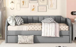 Lit 90x200 cm avec lit gigogne roulant, tapissé lin gris, dossier et accoudoirs arrondis design contemporain