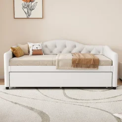 Lit 90x200 cm avec lit gigogne, revêtement lin beige, structure MDF, design minimaliste, idéal petits espaces