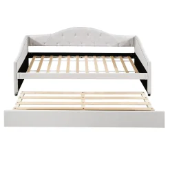 Lit 90x200 cm avec lit gigogne, revêtement lin beige, structure MDF, design minimaliste, idéal petits espaces