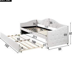 Lit 90x200 cm avec lit gigogne, revêtement lin beige, structure MDF, design minimaliste, idéal petits espaces