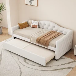 Lit 90x200 cm avec lit gigogne, revêtement lin beige, structure MDF, design minimaliste, idéal petits espaces