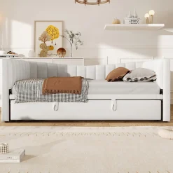 Lit 90x200 cm avec lit gigogne réglable, revêtement velours blanc, style minimaliste et structure MDF