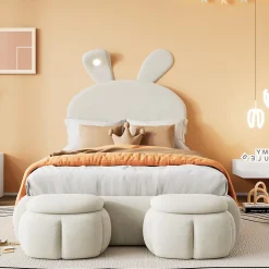Lit 90x200 cm avec oreilles de lapin et éclairage Led réglable, revêtement velours beige, 2 poufs de rangement