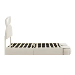 Lit 90x200 cm avec oreilles de lapin et éclairage Led réglable, revêtement velours beige, 2 poufs de rangement