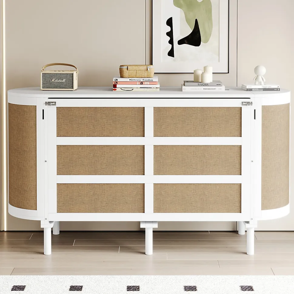 Lit 140x200 cm avec portes en rotin, design gain de place, rangements latéraux intégrés, finition blanche