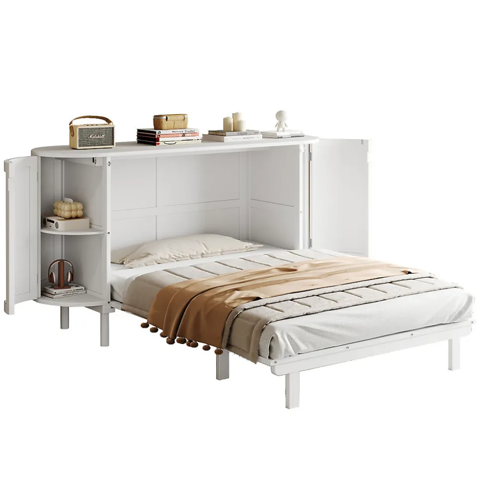 Lit 140x200 cm avec portes en rotin, design gain de place, rangements latéraux intégrés, finition blanche