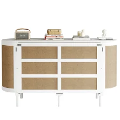 Lit 140x200 cm avec portes en rotin, design gain de place, rangements latéraux intégrés, finition blanche