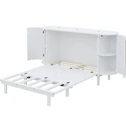 Lit 140x200 cm avec portes en rotin, design gain de place, rangements latéraux intégrés, finition blanche