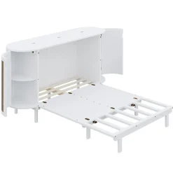 Lit 140x200 cm avec portes en rotin, design gain de place, rangements latéraux intégrés, finition blanche