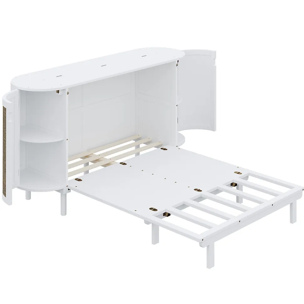 Lit 140x200 cm avec portes en rotin, design gain de place, rangements latéraux intégrés, finition blanche