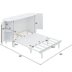 Lit 140x200 cm avec portes en rotin, design gain de place, rangements latéraux intégrés, finition blanche