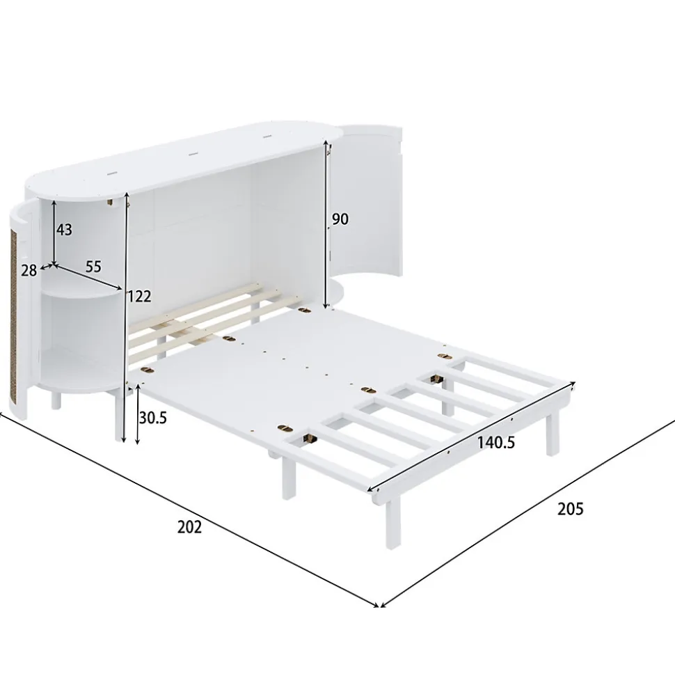 Lit 140x200 cm avec portes en rotin, design gain de place, rangements latéraux intégrés, finition blanche