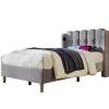 Lit 90x200 cm avec ports USB et Type C tête de lit à panneaux tapissée lin gris cadre rembourré robuste