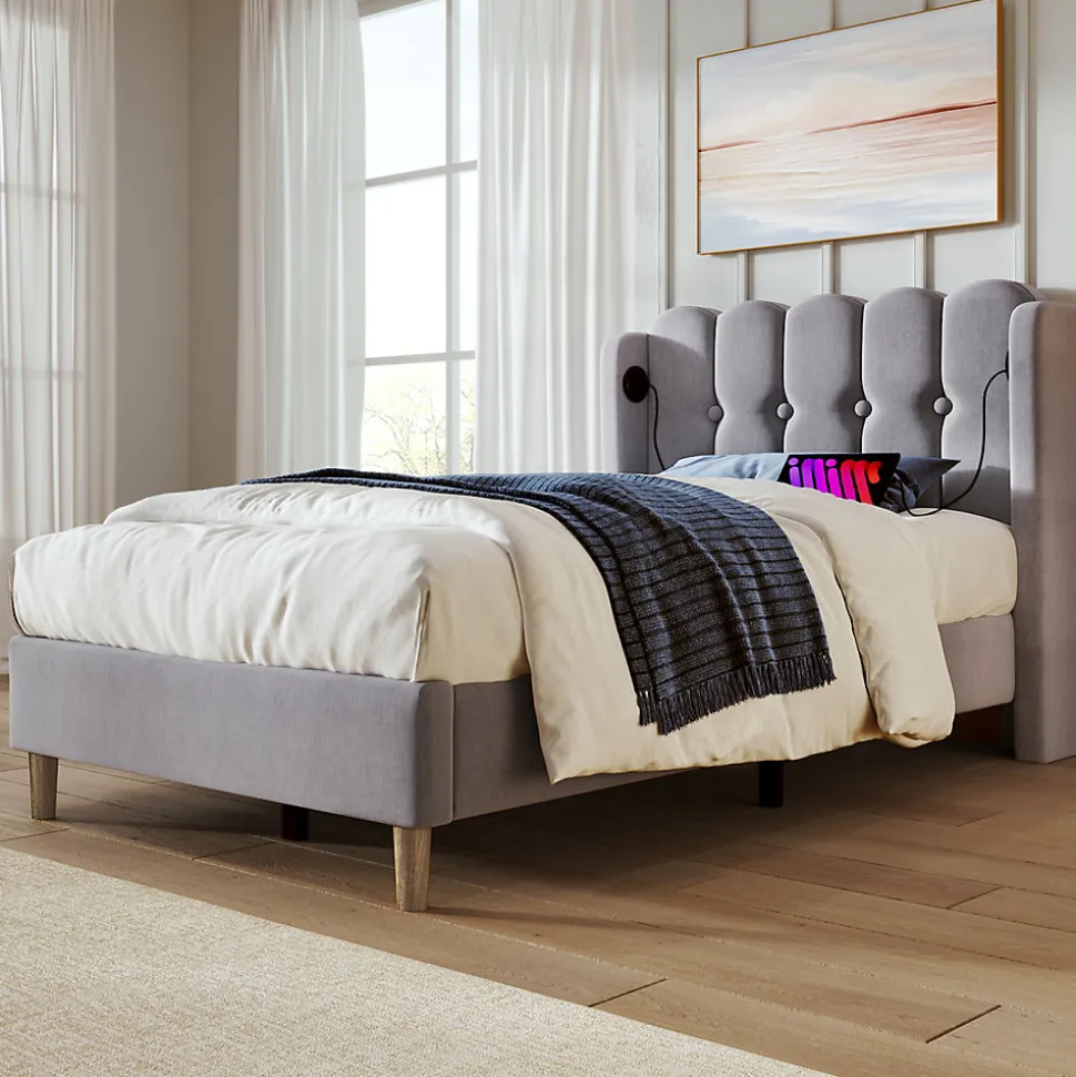 Lit 90x200 cm avec ports USB et Type C tête de lit à panneaux tapissée lin gris cadre rembourré robuste