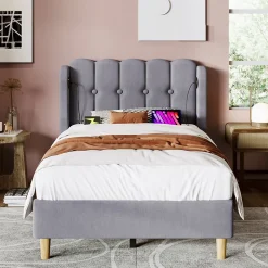 Lit 90x200 cm avec ports USB et Type C tête de lit à panneaux tapissée lin gris cadre rembourré robuste