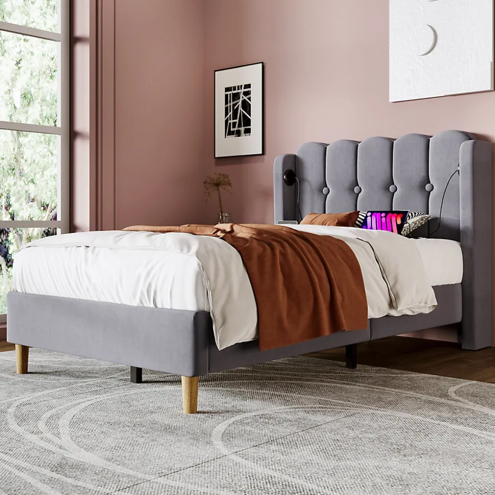 Lit 90x200 cm avec ports USB et Type C tête de lit à panneaux tapissée lin gris cadre rembourré robuste