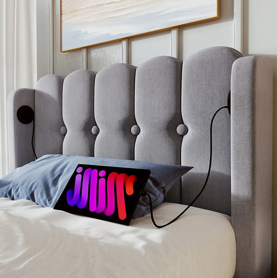 Lit 90x200 cm avec ports USB et Type C tête de lit à panneaux tapissée lin gris cadre rembourré robuste