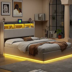 Lit 140x200 cm, avec quatre tiroirs, éclairage LED réglable, 2 USB et 1 fonction de charge tpcy-c, flanelle, Gris