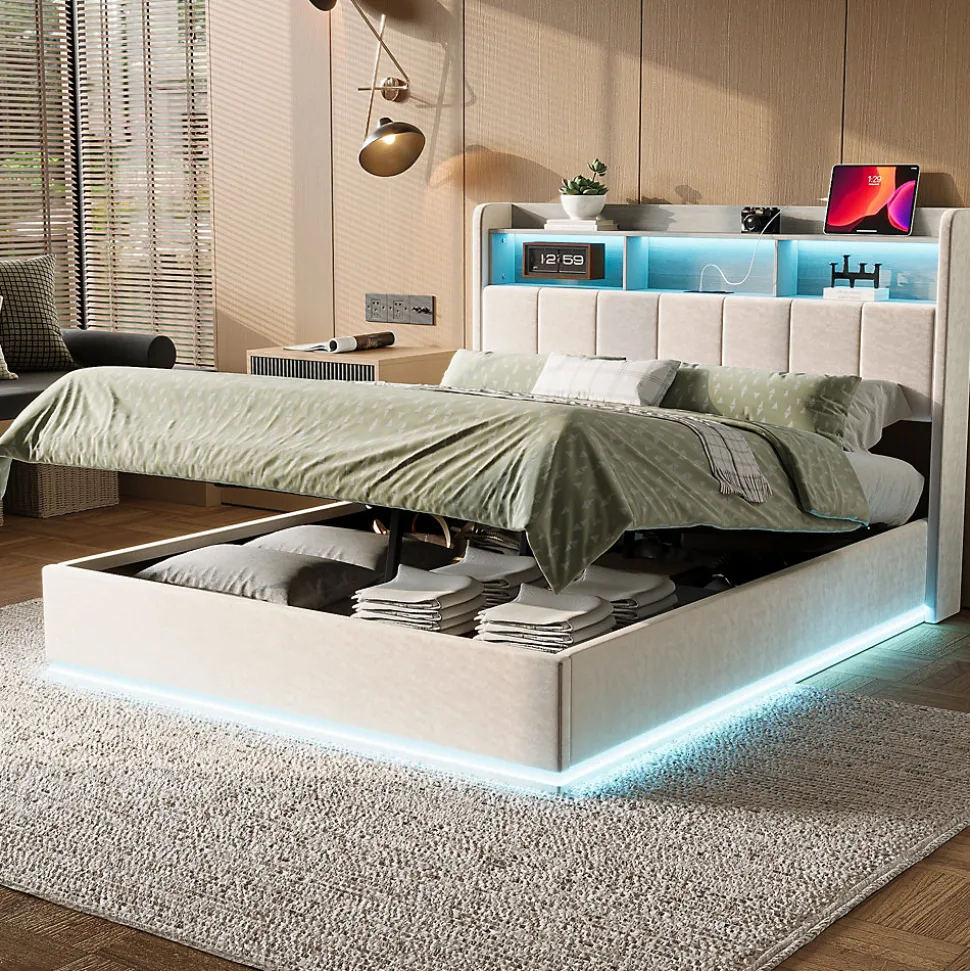 Lit 160x200 cm, avec quatre tiroirs, éclairage LED réglable, 2 USB et 1 fonction de charge tpcy-c, flanelle, Gris