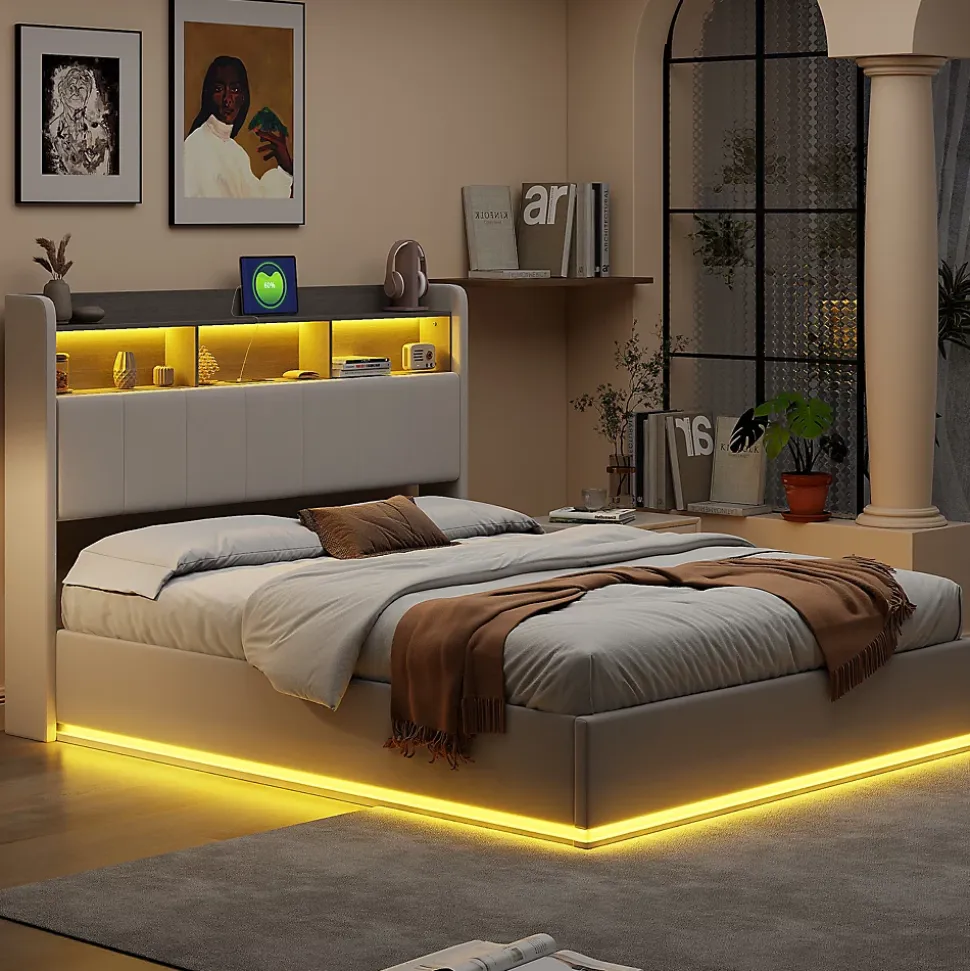 Lit 160x200 cm, avec quatre tiroirs, éclairage LED réglable, 2 USB et 1 fonction de charge tpcy-c, flanelle, Gris