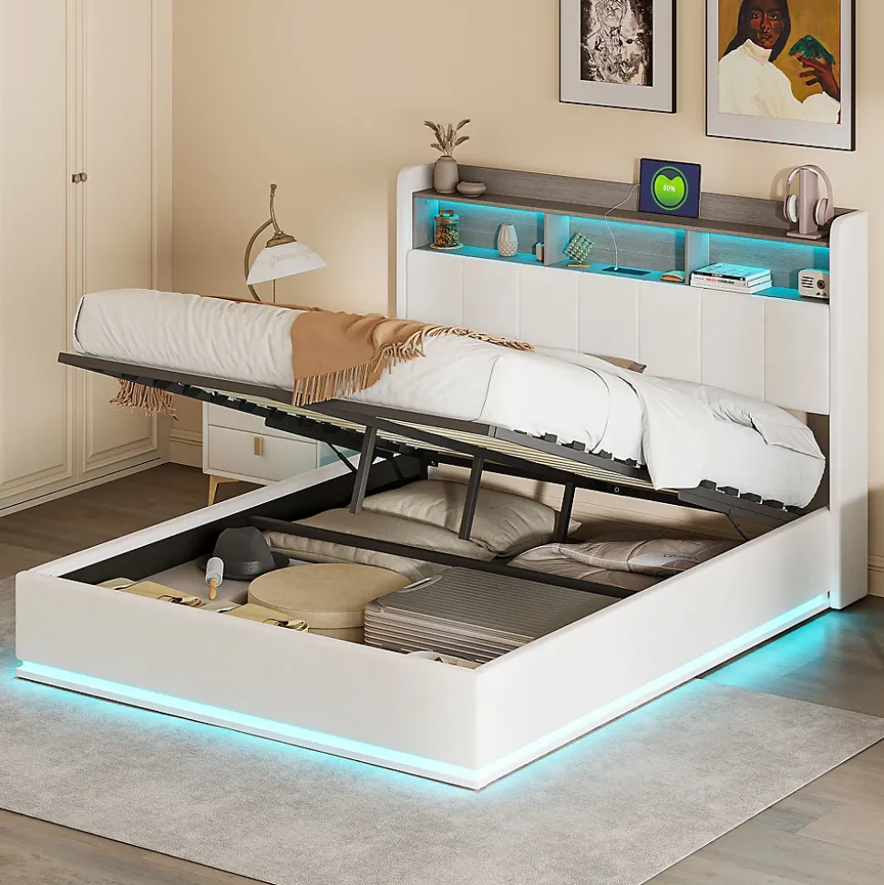 Lit 160x200 cm, avec quatre tiroirs, éclairage LED réglable, 2 USB et 1 fonction de charge tpcy-c, flanelle, Gris