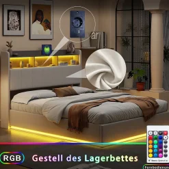 Lit 160x200 cm, avec quatre tiroirs, éclairage LED réglable, 2 USB et 1 fonction de charge tpcy-c, flanelle, Gris