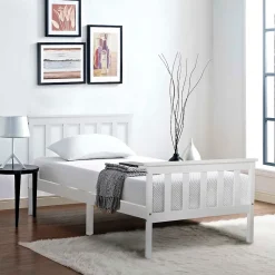 Lit 90x200 cm avec rangement bas et sommier à lattes, cadre pin massif blanc design minimaliste