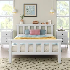 Lit 90x200 cm avec rangement bas et sommier à lattes, cadre pin massif blanc design minimaliste