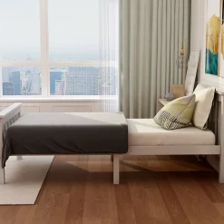 Lit 90x200 cm avec rangement bas et sommier à lattes, cadre pin massif blanc design minimaliste