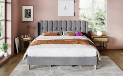 Lit 140x200 cm avec rangement d'appoint et tête de lit tapissée en lin gris, charge USB-C intégrée