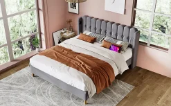 Lit 140x200 cm avec rangement d'appoint et tête de lit tapissée en lin gris, charge USB-C intégrée