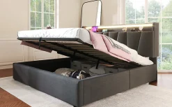 Lit 140x200 cm avec rangement et tete de lit equipee de prises USB Type C, LED RGBW, tapisse lin gris