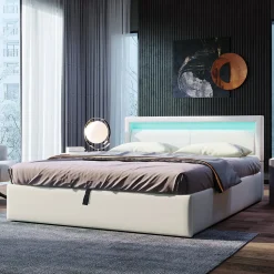 Lit 140x200 cm avec rangement et tête de lit rembourrée éclairée, revêtement PU blanc, cadre MDF