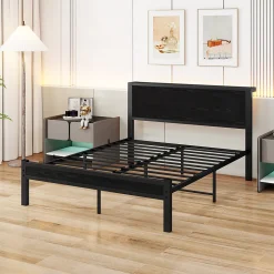 Lit 140x200 cm avec rangement et tête de lit en MDF, cadre métal noir, design moderne et intemporel