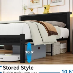 Lit 140x200 cm avec rangement et tête de lit en MDF, cadre métal noir, design moderne et intemporel