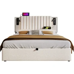 Lit 160x200 cm avec rangement et tête de lit réglable en tissu beige riveté, lampe de lecture et ports USB