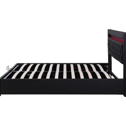 Lit 140x200 cm avec rangement et tête de lit rembourrée, éclairage LED réglable, revêtement PU noir