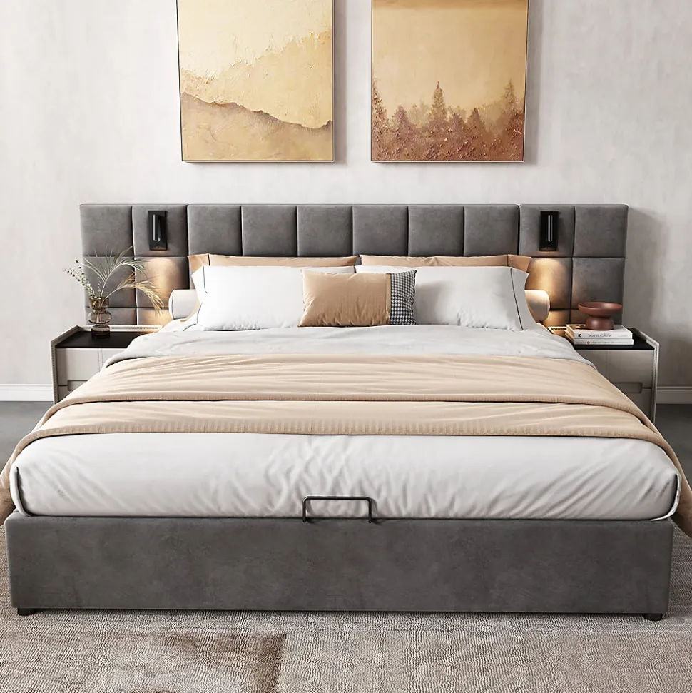 Lit 160x200 cm avec rangement hydraulique et tête de lit capitonnée en velours gris, cadre acier robuste