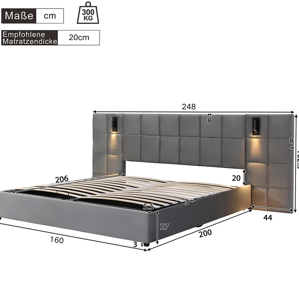 Lit 160x200 cm avec rangement hydraulique et tête de lit capitonnée en velours gris, cadre acier robuste