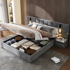 Lit 160x200 cm avec rangement hydraulique et tête de lit capitonnée en velours gris, cadre acier robuste