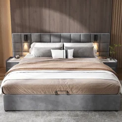 Lit 160x200 cm avec rangement hydraulique et tête de lit capitonnée en velours gris, cadre acier robuste